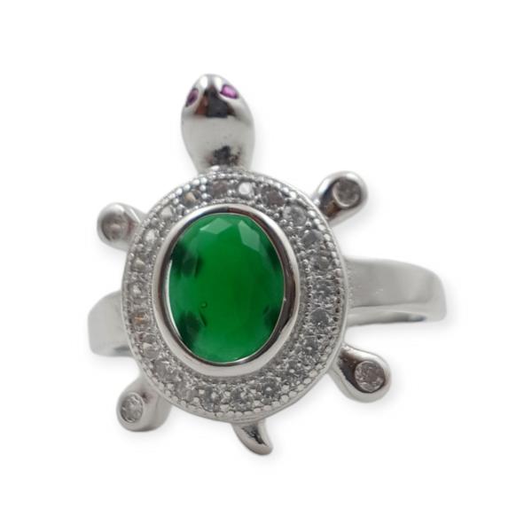 925 Sterling Silver Ring in Tortoise Design With Green Stone